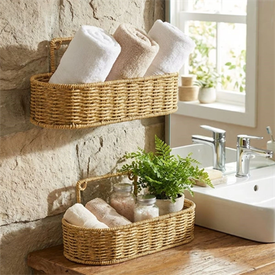 2’li Duvar Askılı Plastik Rattan Organizer – Oval Hasır Görünümlü Mutfak Raf Sepeti, Banyo Ve Ev İçi Düzenleme Ünitesi Bx40
