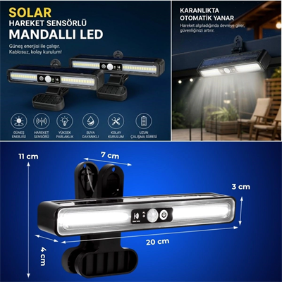 2li Mandallı LED Solar Lamba - 36 LED - Hareket Sensörlü - 3 Modlu