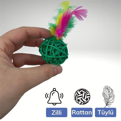 2li Rattan Renkli Peluş Tüy Kedi Köpek Oyuncak Yakalama Çiğneme Çıngıraklı Top Oyuncağı (3936)