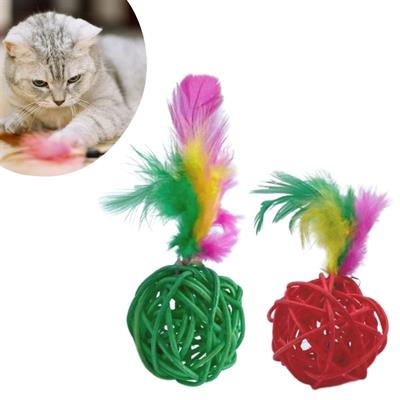 2li Rattan Renkli Peluş Tüy Kedi Köpek Oyuncak Yakalama Çiğneme Çıngıraklı Top Oyuncağı (3936)