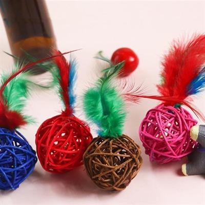 2li Rattan Renkli Peluş Tüy Kedi Köpek Oyuncak Yakalama Çiğneme Çıngıraklı Top Oyuncağı (3936)