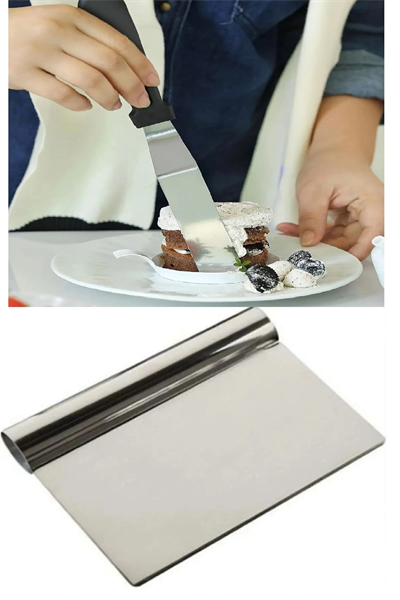 2li Set Hamur Şekillendirici Eğik Pasta Spatulası +metal Hamur Kesici Kazıyıcı Spatula