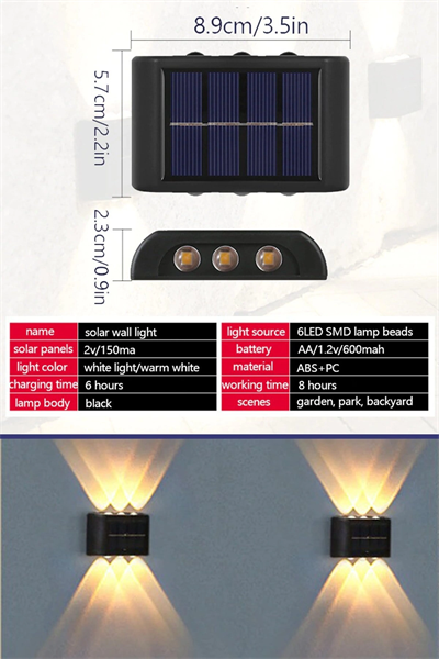 2li Set Solar Duvar Lambası - 6 Ledli Aplik - Gün Işığı Rengi - IP65 Su Geçirmez