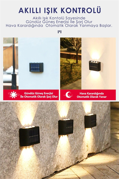 2li Set Solar Duvar Lambası - 6 Ledli Aplik - Gün Işığı Rengi - IP65 Su Geçirmez