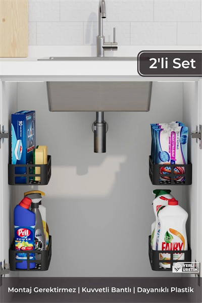 2li Yapışkanlı Evye Altı ve Dolap İçi Düzenleyici Organizer Raf Seti