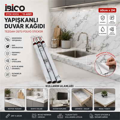 2mt X 60cm Beyaz Mermer Desenli Tezgah Üstü Folyo Sticker - Duvar Kağıt Kendinden Yapışkanlı - Eko Dekorasyon - Dayanıklı Bx40