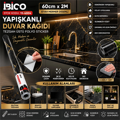 2mt X 60cm Siyah Mermer Desenli Tezgah Üstü Folyo Sticker - Duvar Kağıt Kendinden Yapışkanlı - Eko Dekorasyon - Dayanıklı Bx40