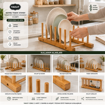 2pcs Bambu - Ahşap Tezgah Üstü Tabaklık - Bulaşıklık Bx40