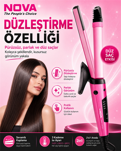 2’si 1 Arada Saç Düzleştirici ve Bukle Yapıcı Seramik Plakalı Saç Şekillendirici