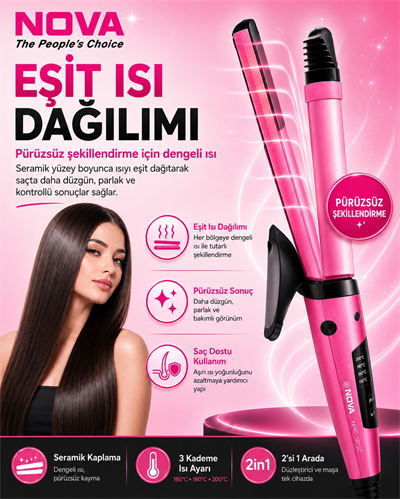 2’si 1 Arada Saç Düzleştirici ve Bukle Yapıcı Seramik Plakalı Saç Şekillendirici