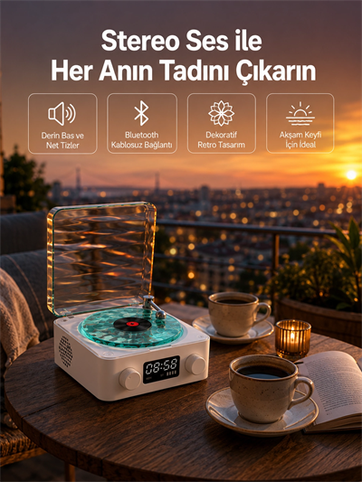 3-1 Kablosuz Bluetooth Hoparlör – Gece Lambalı, Saatli, Retro Tasarım