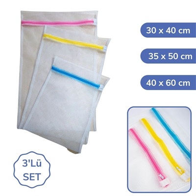 3 Adet Çamaşır Yıkama Filesi Renkli Fermuarlı 3 Boy Bx40