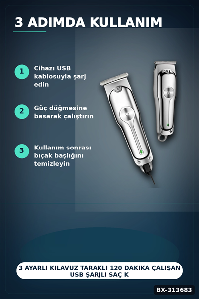 3 Ayarlı Kılavuz Taraklı 120 Dakika Çalışan USB Şarjlı Saç Kesme Makinesi BX-313683