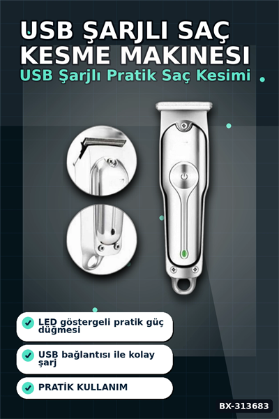3 Ayarlı Kılavuz Taraklı 120 Dakika Çalışan USB Şarjlı Saç Kesme Makinesi BX-313683