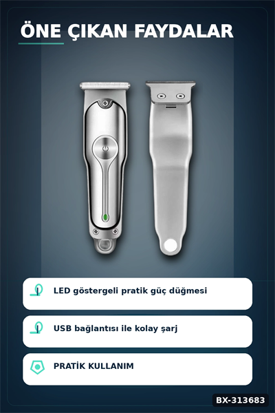 3 Ayarlı Kılavuz Taraklı 120 Dakika Çalışan USB Şarjlı Saç Kesme Makinesi BX-313683