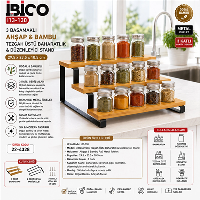 3 Basamaklı Ahşap - Bambu Tezgah Üstü Baharatlık - Düzenleyici Stand 29.5x23.5x10.5cm Bx40