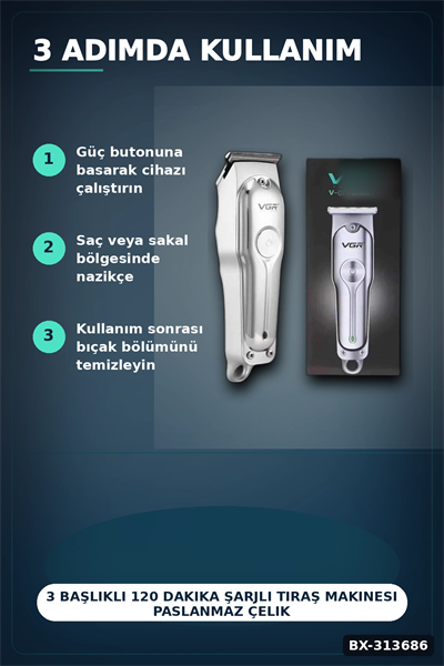 3 Başlıklı 120 Dakika Şarjlı Tıraş Makinesi Paslanmaz Çelik Bıçak Sakal Ve Saç Kesme BX-313686