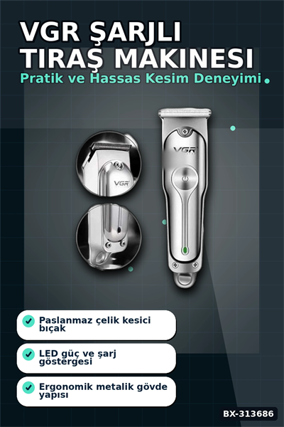 3 Başlıklı 120 Dakika Şarjlı Tıraş Makinesi Paslanmaz Çelik Bıçak Sakal Ve Saç Kesme BX-313686