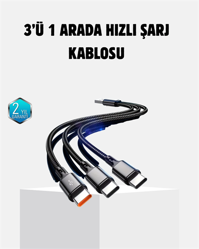 3 Başlıklı Hızlı Şarj Kablosu Metal Alaşımlı Dayanıklı ve Akıllı Çipli