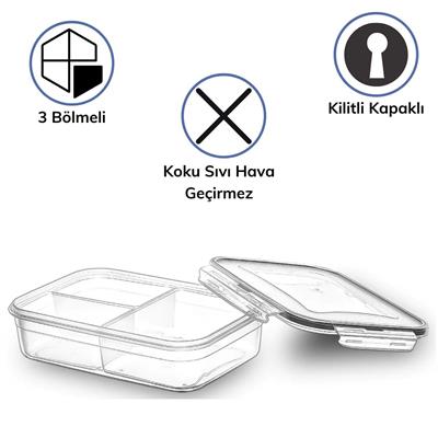 3 Bölmeli Kilitli Kapaklı 1 Litre Erzak Saklama Kabı LC-510 (3936)