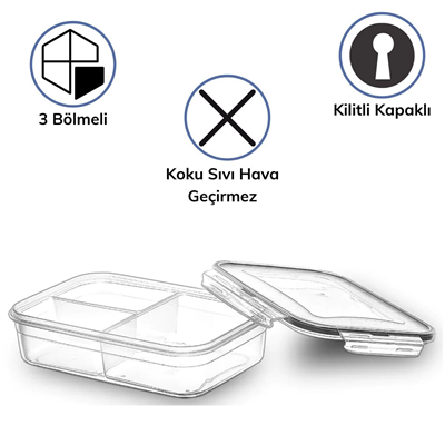 3 Bölmeli Kilitli Kapaklı 1 Litre Erzak Saklama Kabı Lc-510 Bx40