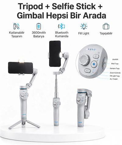 3 Eksen Telefon Gimbal Stabilizer Yapay Zeka Takipli Katlanabilir Dahili Dolgu Işıklı Video Sabitleyici