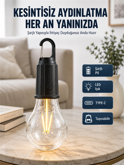 3 Farklı Mod LEDli Şarjlı Asma Kancalı Kamp Lambası Taşınabilir Ampul