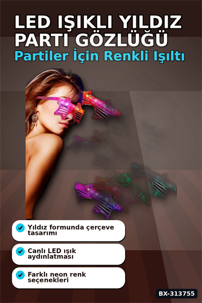 3 Fonksiyonlu Led Işıklı Yıldız Parti Gözlüğü 12 Adet Paket Yetişkin Aksesuarı BX-313755