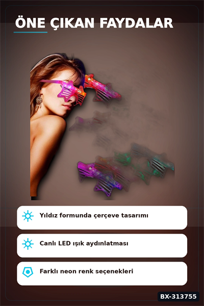 3 Fonksiyonlu Led Işıklı Yıldız Parti Gözlüğü 12 Adet Paket Yetişkin Aksesuarı BX-313755