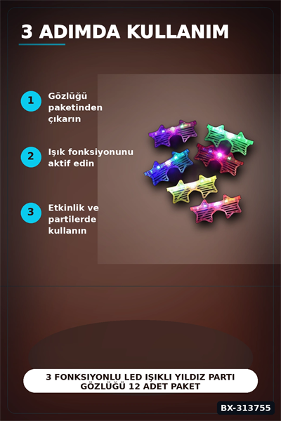 3 Fonksiyonlu Led Işıklı Yıldız Parti Gözlüğü 12 Adet Paket Yetişkin Aksesuarı BX-313755