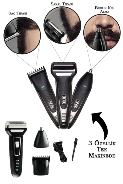 3 İn 1 Saç Sakal Kesme Ense Burun Tıraş Makinesi Seti Bx40