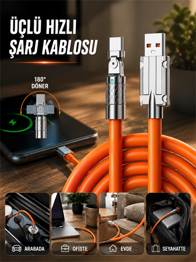 3 İn 1 Süper Hızlı Şarj Kablosu Android ve İOS Uyumlu Silikon Şarj Kablosu