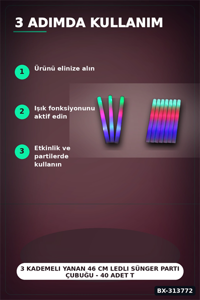 3 Kademeli Yanan 46 cm Ledli Sünger Parti Çubuğu - 40 Adet Toplu Paket BX-313772