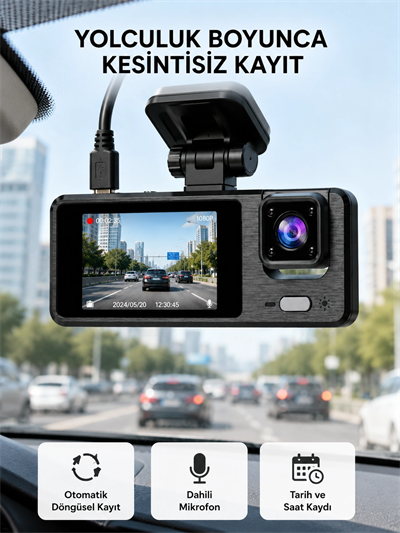 3 Kameralı Araç DVR 1080P Ön + HD Arka + İç Kamera Döngü Kayıt 2’’ Ekran
