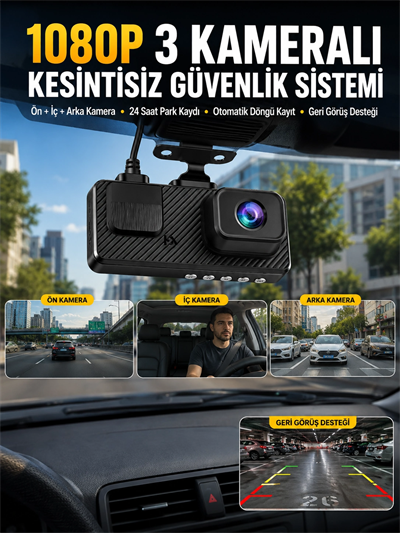 3 Kameralı Araç İçi DVR Kayıt Cihazı  Ön İç Arka Kamera Full HD
