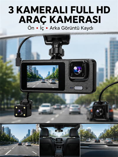 3 Kanallı Araç DVR – Ön + İç + Arka Kamera ile Tam Kapsama, Yüksek Güvenlik Yeni Nesil