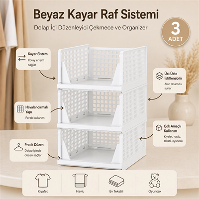 3 Katlı Portatif Organizer - Çok Amaçlı Kayar Raf 18.5x33.5x43cm Toplam 55.5cm Bx40
