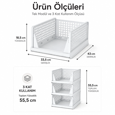 3 Katlı Portatif Organizer - Çok Amaçlı Kayar Raf 18.5x33.5x43cm Toplam 55.5cm Bx40