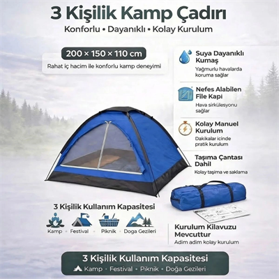 3 Kişilik Manuel Kamp Çadırı – Düz Kapılı Outdoor Aile, Doğa, Piknik Ve Kamp Çadırı 200x150x110 Cm Bx40