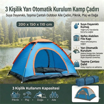 3 Kişilik Yarı Otomatik Kurulum Kamp Çadırı – Suya Dayanıklı, Taşıma Çantalı Outdoor Aile Çadırı, Piknik, Plaj Ve Doğa 200x150x110 Cm Bx40