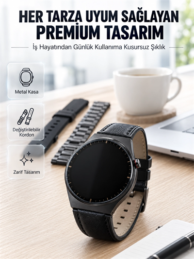 3 Kordonlu AMOLED Ekran Bluetooth Aramalı Akıllı Saat Metal, Deri ve Silikon Kordon Seti