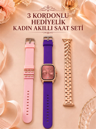 3 Kordonlu Rose Gold Kasalı Kadın Akıllı Saat Seti
