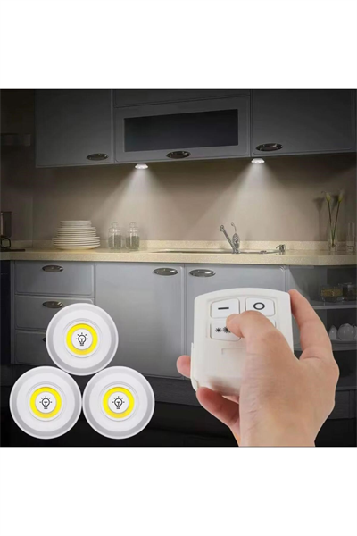 3 Lü Kumandalı Yapışkanlı Kablosuz Pilli Led Spot Lamba Işıldak