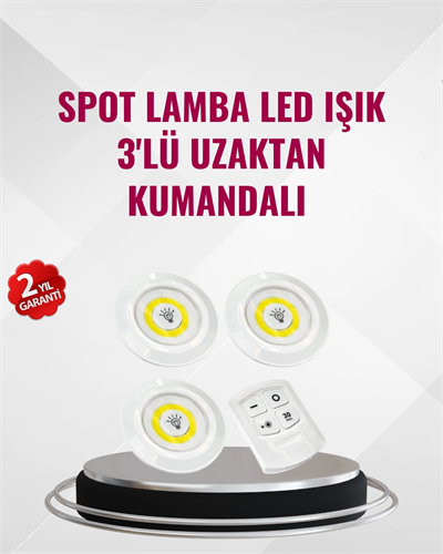 3 Lü Pilli Kablosuz Led Spot Lamba Seti Kumandalı Kolay Montaj Aydınlatma