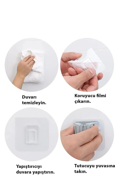 3 Lü Renkli  Yapışkanlı Mop Fırça Çek Pas Sap Tutucu Organizer Mutfak Banyo Düzenleyici