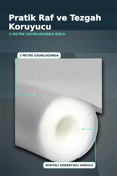 3 Metre Kalın Dokulu Şeffaf Raf Örtüsü ve Su Tutucu Tezgah Koruma Matı