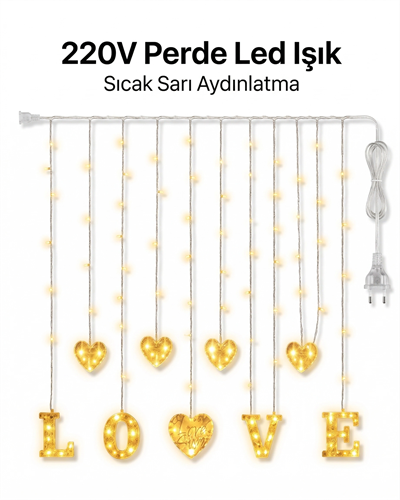 3 Metre Perde Led Işık - 8 Modlu Kalp Ve Love Figürlü Dekoratif Animasyonlu Led