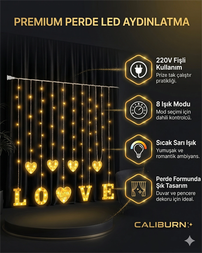 3 Metre Perde Led Işık - 8 Modlu Kalp Ve Love Figürlü Dekoratif Animasyonlu Led