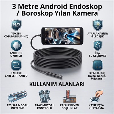 3 Metre Yılan Kamera - Android Destekli - LED Işıklı - IP67 Su Geçirmez