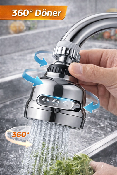 3 Modlu 360 Derece Döner Krom Musluk Başlığı Su Tasarruflu Mutfak Çeşme Evye ve Lavabo Batarya Ucu